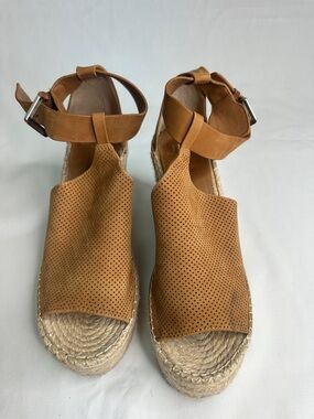 Marc Fisher Tan Perforated Leather Espadrille Wedge Sandals